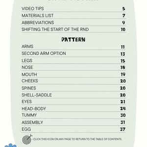 May include: A light green table of contents page for a craft pattern with black text listing sections like Video Tips, Materials List, Abbreviations, and Pattern parts including Arms, Legs, and Egg. Three cartoon flowers sit at the bottom.