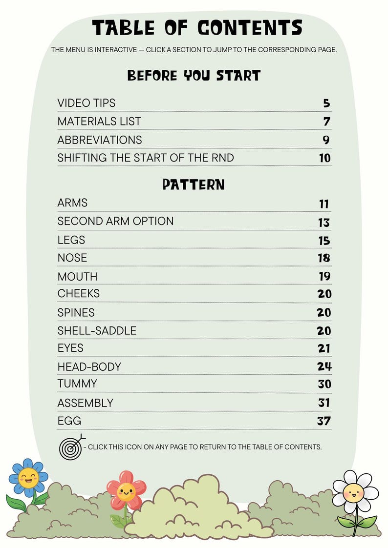 May include: A light green table of contents page for a craft pattern with black text listing sections like Video Tips, Materials List, Abbreviations, and Pattern parts including Arms, Legs, and Egg. Three cartoon flowers sit at the bottom.