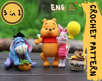 Crochet Pattern Bundle (3 PDF): Teddy Bear, Piglet & Donkey Amigurumi Storybook Pals