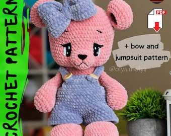 Schema all'uncinetto: Orsetto Berry Amigurumi con tuta e fiocco (PDF)