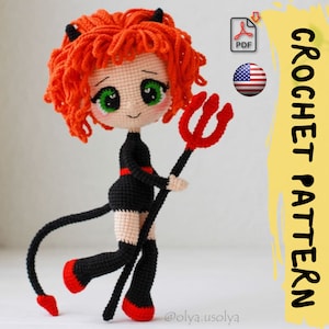 May include: Crochet pattern for a red-haired amigurumi doll with black clothing and a red trident. The pattern is available as a PDF download in English.