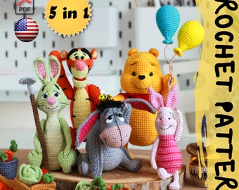 Crochet pattern 5 in 1 | Lovely teddy Bear+Donkey+Piglet+Tiger+Rabbit | PDF |  | Cotton & Plush stuffed toy | easy amigurumi baby toy