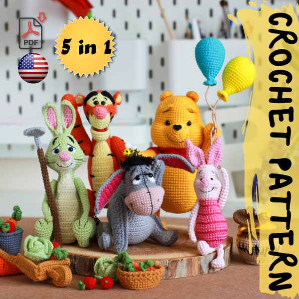 Crochet pattern 5 in 1 | Lovely teddy Bear+Donkey+Piglet+Tiger+Rabbit | PDF |  | Cotton & Plush stuffed toy | easy amigurumi baby toy