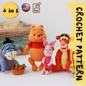 Crochet pattern 4 in 1 | Lovely Teddy Bear+Donkey+Piglet+Tiger | PDF |   Cotton & Plush stuffed toy | easy amigurumi baby toy