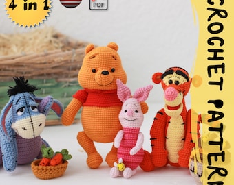 Crochet Pattern Bundle feat. Teddy Bear, Piglet, Donkey, Tiger Storybook Pals (4-in-1, PDF)