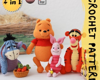 Crochet pattern 4 in 1 | Lovely Teddy Bear+Donkey+Piglet+Tiger | PDF |   Cotton & Plush stuffed toy | easy amigurumi baby toy