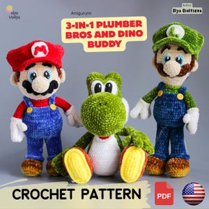 May include: Three amigurumi crochet dolls featuring two figures in blue overalls with red and green hats, and a central green dinosaur figure with a white belly and yellow feet. Text reads 3-IN-1 PLUMBER BROS AND DINO BUDDY and CROCHET PATTERN.