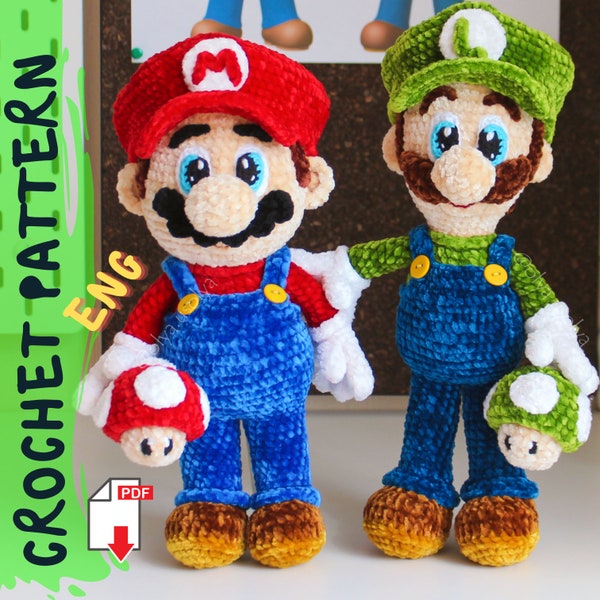 Häkelanleitung 2 in 1 | Super Plumber Man Bros. | PDF | einfaches Amigurumi-Babyspielzeug | Feines oder sperriges Kuscheltier aus grobem Garn