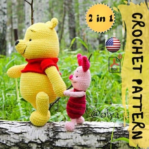 Crochet pattern 2 in 1 | Lovely teddy Bear+Piglet | PDF |   Cotton & Plush stuffed toy | easy amigurumi baby toy