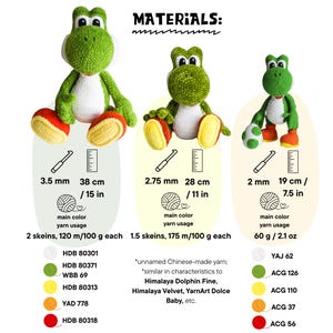 May include: Three crocheted green dinosaur figures with white bellies and orange-red shoes. The image displays materials and sizes including 38 cm (15 in), 28 cm (11 in), and 19 cm (7.5 in) heights, alongside yarn color codes and hook sizes.