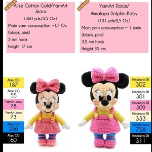 May include: Two crocheted Minnie Mouse dolls, one in pink and yellow and the other in black and pink. The dolls are made with different yarn brands, Alize Cotton Gold and YarnArt Jeans, and Himalaya Dolphin Baby. The yarn brands and colours are listed on the image.