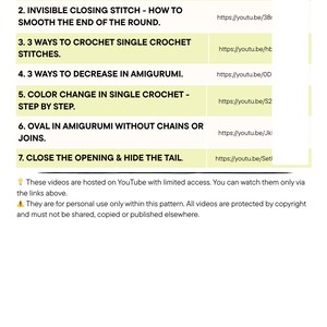 May include: A document titled CROCHET TIPS featuring a numbered list of seven instructional video links for amigurumi techniques, including starting rounds, invisible closing stitches, single crochet, decreases, color changes, and oval shapes.