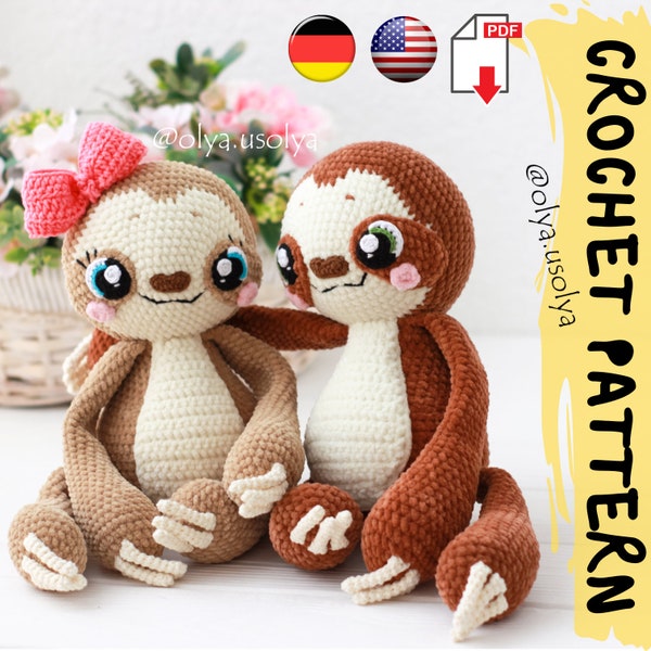 Crochet Pattern | Lenny the Sloth | PDF |  | Plush stuffed toy | plush yarn | diy tutorial | amigurumi baby toy