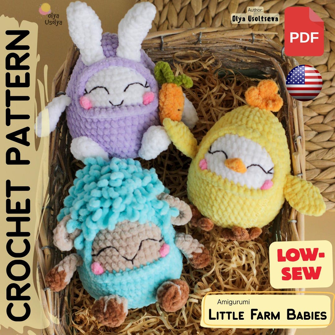Crochet Pattern: Bunny, Chick & Lamb Amigurumi Agg-shaped Farm Animals ...