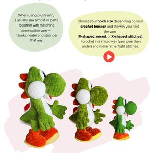 May include: Three green, white, and orange crocheted dinosaur figures of varying sizes. The image includes instructional text about yarn, hook size, and stitching techniques, along with a red play button icon and the copyright Olga Usoltseva, 2026.