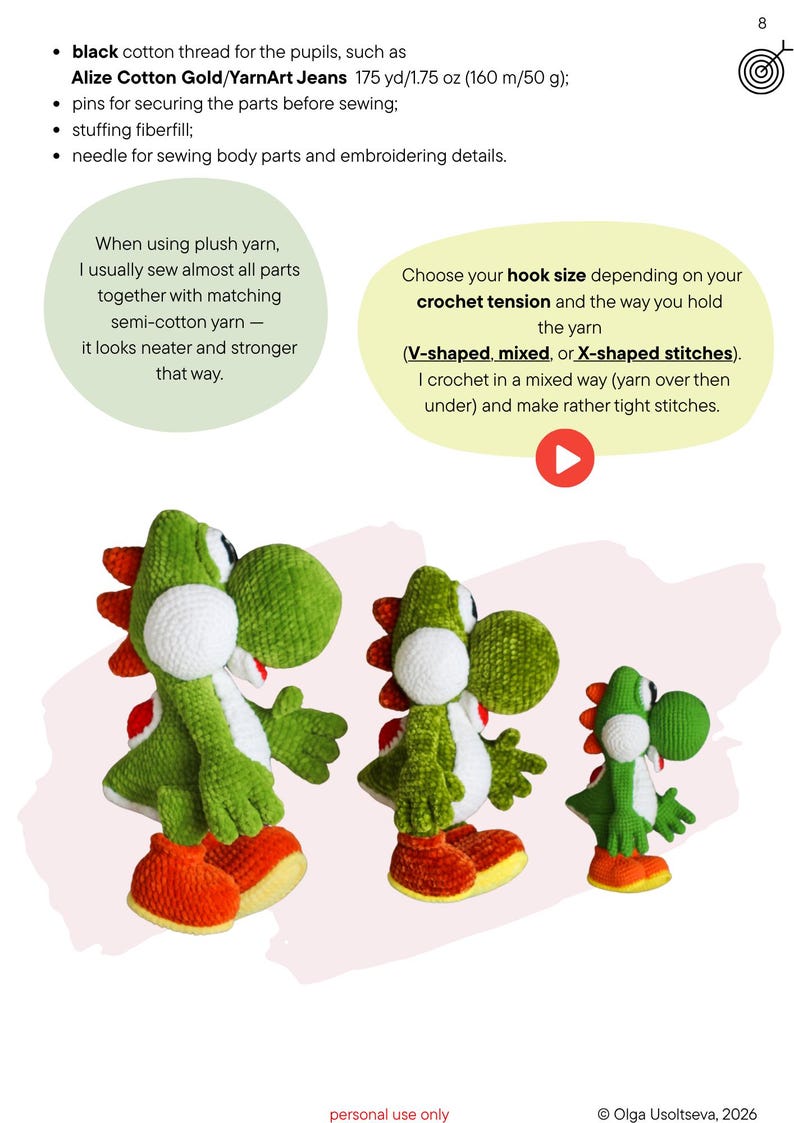 May include: Three green, white, and orange crocheted dinosaur figures of varying sizes. The image includes instructional text about yarn, hook size, and stitching techniques, along with a red play button icon and the copyright Olga Usoltseva, 2026.