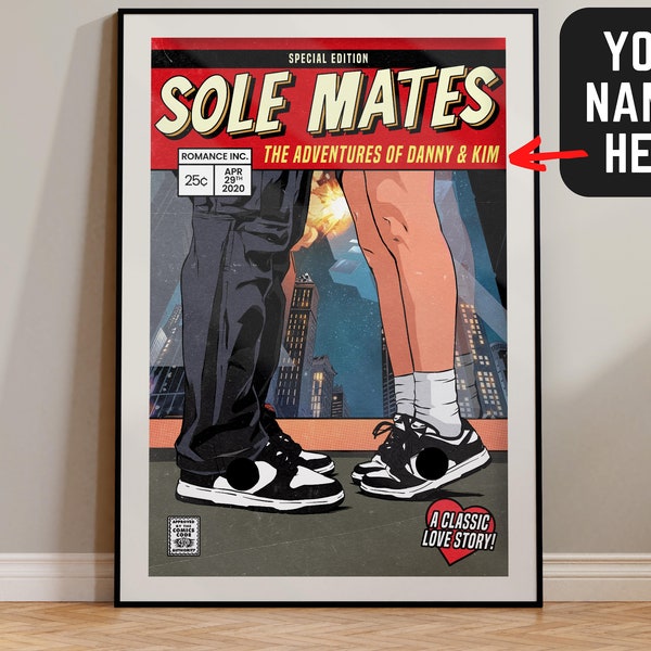 Personalized Panda Dunks Sneakerhead Couple Comic Book Poster Wall Art, Custom Portrait, Christmas, Birthday Gift For Boyfriend Girlfriend