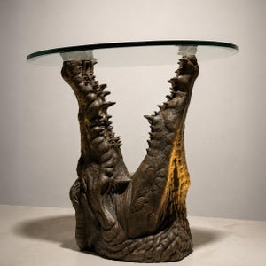 May include: A side table featuring a circular glass top supported by a base sculpted to resemble the open jaws of a crocodile. The base has a dark, textured bronze-colored finish with visible scales and sharp teeth pointing upward toward the glass.