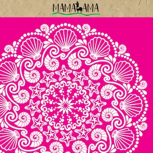 May include: White mandala design on a hot pink background. The design features seashells, starfish, and swirls.