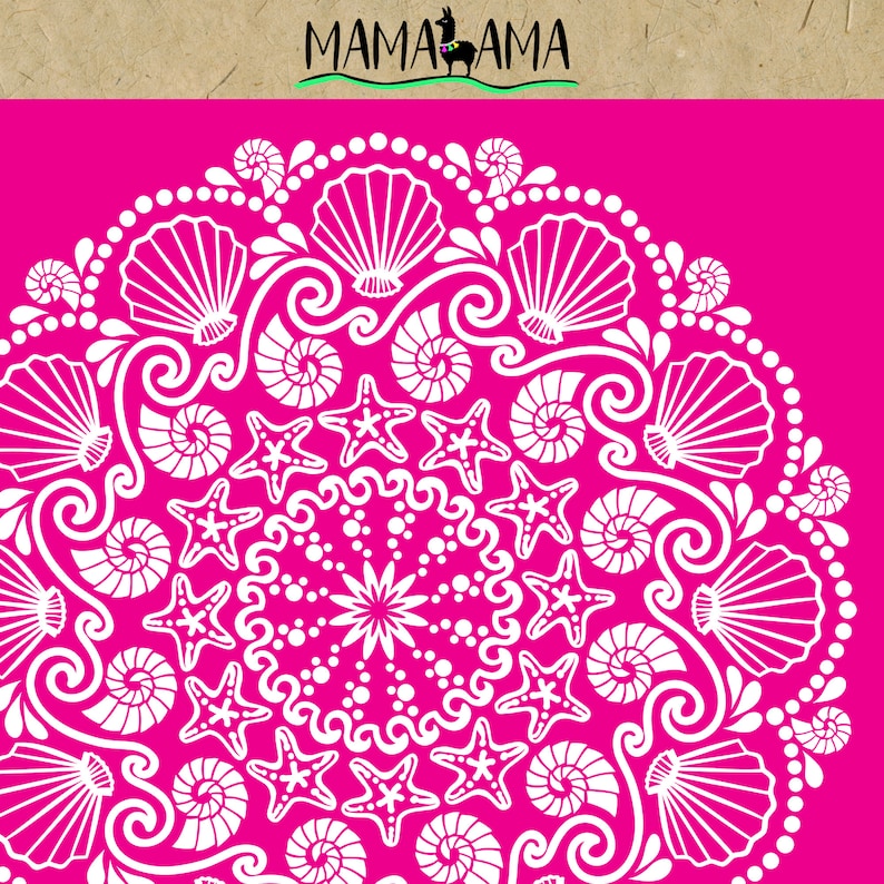 May include: White mandala design on a hot pink background. The design features seashells, starfish, and swirls.