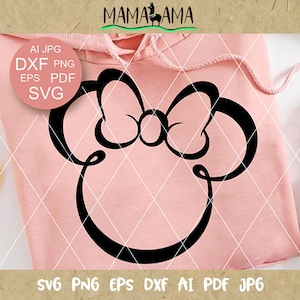 May include: Black and white silhouette of a mouse head with a bow on top. The image is on a pink background.