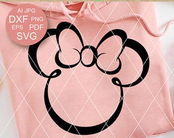 Outline of a mouse head with ears and bow svg png Birthday decor Cruise shirts design Digital downloads