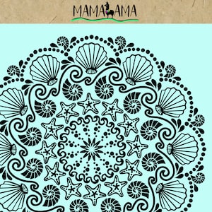 May include: Black and white mandala design featuring seashells, starfish, and swirls on a light blue background.