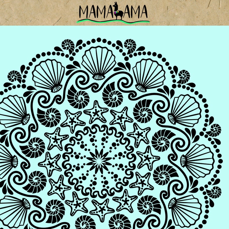 May include: Black and white mandala design featuring seashells, starfish, and swirls on a light blue background.