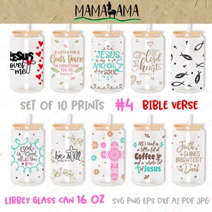 Pode incluir: Conjunto de 10 designs imprimíveis para canecas de vidro de 473 ml com versículos bíblicos e temas cristãos. Os designs incluem "Jesus é a minha âncora da minha alma", "Deus é bom o tempo todo", "A fé brilha mais forte na escuridão", e muito mais.