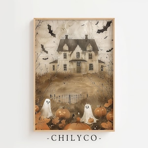 Spooky Pumpkin Patch Painting Vintage | Cute Ghosts Haunted Halloween Farmhouse | Country Cottage Fall Decor | Muted Ghosts Digital Art