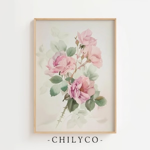 Vintage Floral Print | Spring French Country Digital Art | Botanical Farmhouse Decor | Antique Rose Printable Wall Art | Pink Flower Sketch