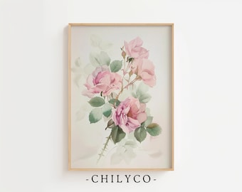 Vintage Floral Print | Spring French Country Digital Art | Botanical Farmhouse Decor | Antique Rose Printable Wall Art | Pink Flower Sketch