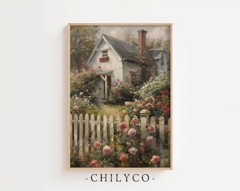 Printable Cottage Rose Garden | Vintage Floral Oil Painting | Cottagecore Wall Art Decor | Farmhouse Print | Girly Flower Garden Art Print
