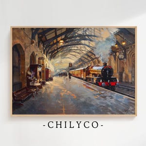 May include: A vintage steam train pulls into a brick train station with a vaulted ceiling. The train is red and gold with black wheels and smoke billowing from the engine. The station is empty except for a few people standing on the platform.