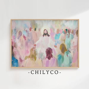 May include: A framed abstract painting showing a central figure in white, surrounded by a crowd. The artwork uses soft pastel colours, including pink, blue, and yellow. The text "-CHILYCO-" is at the bottom of the image.