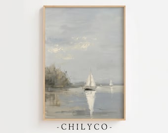 ヴィンテージ ヨット 絵画 プリント | 夏の航海アート プリント | アンティーク レイク ハウス 海景 夏の装飾 | 沿岸セーリング 油絵