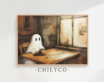 Ghost in Coffee Shop | Funny Ghost Painting | Printable Coffee Bar Art | Halloween Decor | Vintage Dark Academia | Coffee Bar Print