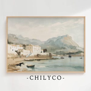 May include: A watercolor painting of a coastal scene with a white building and boats in the water. The painting has a soft, muted color palette with shades of blue, green, and brown.