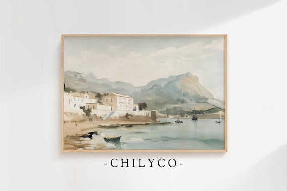 Printable Greece Village Art | Mediterranean Art | Ocean Art | Neutral Architecture Art | Seaside Greece | Vintage Oil Painting | Minimalist
