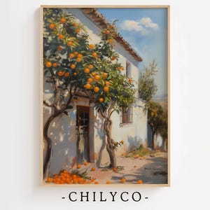 Orange Tree Vintage Art | Mediterranean Art | Greece Town Art | Printable Art | Oil Painting | White Architecture | Colorful Grecian Town