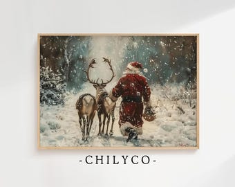 Santa with Reindeer Art Print | Winter Snowfall Art | Snowy Forest Art | Vintage Christmas Artwork | Antique Santa Walking With Reindeer