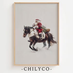 Weihnachtsmann Ölgemälde | Weihnachtsmann reitet ein Pferd Kunst | Clydesdale Kunst | Vintage Weihnachtsölgemälde | Cowboy Weihnachtsmann Art