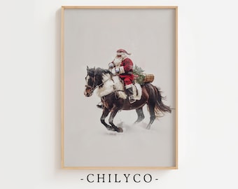 Western Santa Claus Oil Painting | Santa Riding a Horse Art | Clydesdale Art | Vintage Christmas Oil Painting | Cowboy Santa Claus Art