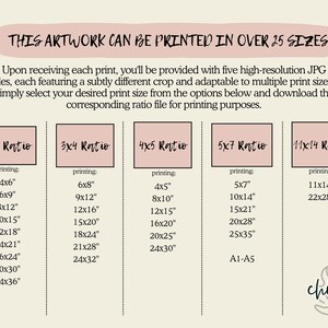 May include: A chart showing different print sizes for artwork, with five different aspect ratios: 2x3, 3x4, 4x5, 5x7, and 11x14. The chart lists the corresponding print sizes in inches, such as 4x6, 6x9, 8x12, and so on. The text "THIS ARTWORK CAN BE PRINTED IN OVER 25 SIZES" is at the top of the chart. The text "chilyco" is at the bottom of the chart.