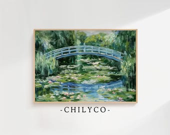 Impressionist Landscape Painting | Claude Monet Style Art | Water Lilies & Japanese Bridge | Summer Garden Print | Spring Monet Wall Art