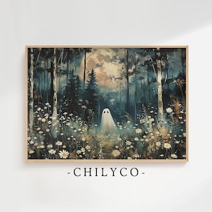 Whimsical Ghost Print | Haunted House Garden Painting | Halloween Cottagecore Wall Decor | Vintage Spooky Printable | Fall Digital Download