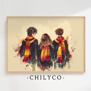 The Trio Watercolor Art | Wizarding School Artwork | Book Lover Gift | Minimalist Magical Artwork | Vintage Friendship Art
