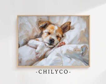 Arte imprimible de cachorro Jack Russell Terrier durmiendo / Cachorro en sábanas / Arte de cachorro durmiendo la siesta / Pintura vintage de cachorro / Arte para guardería de perros
