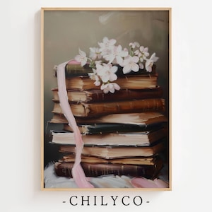 Floral Stack of Books Printable Art | Library Artwork | Book Art | Vintage Book Oil Painting | Flowers with Books | Girly Books | Wall Decor