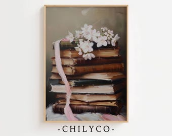 Floral Stack of Books Printable Art | Library Artwork | Book Art | Vintage Book Oil Painting | Flowers with Books | Girly Books | Wall Decor